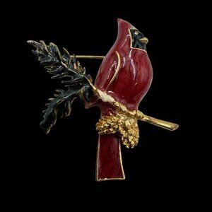 Vtg Cardinal Bird Gold-Toned Pin Brooch on Pine Branch Red & Green Enamel
